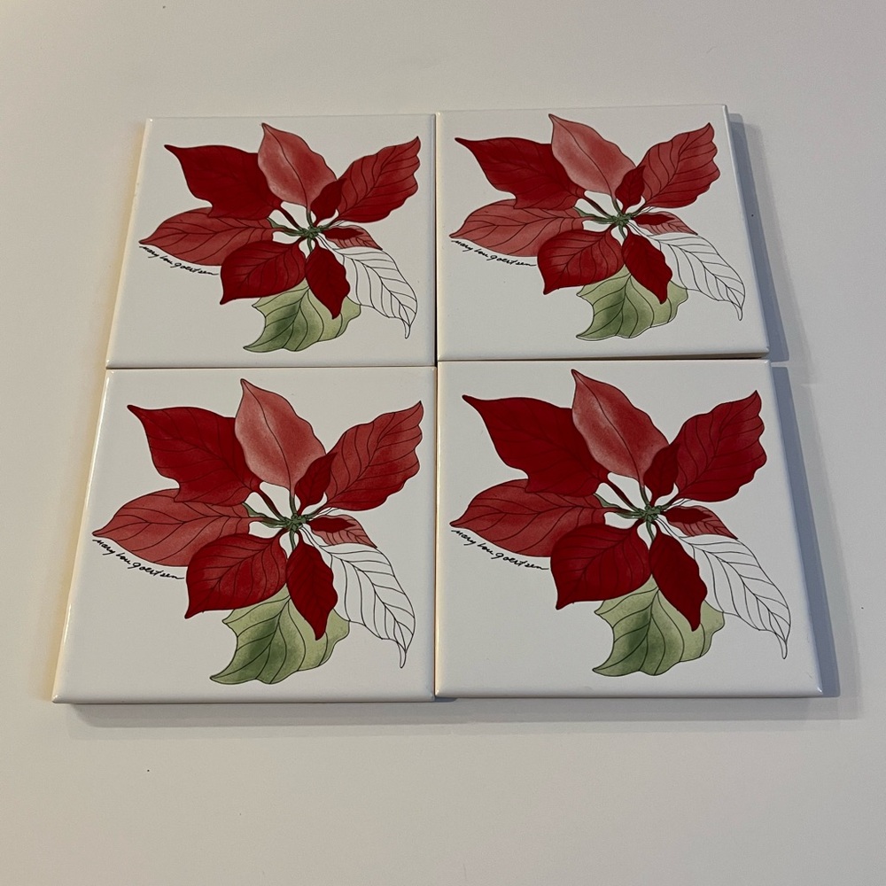 Set 4 Block Poinsettia Coasters 4 1/4" Square Tile Cork-back Watercolor Art